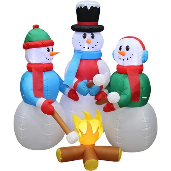5 Foot Tall Huge Christmas Inflatable Snowman Campfire Roasting Marshmallows